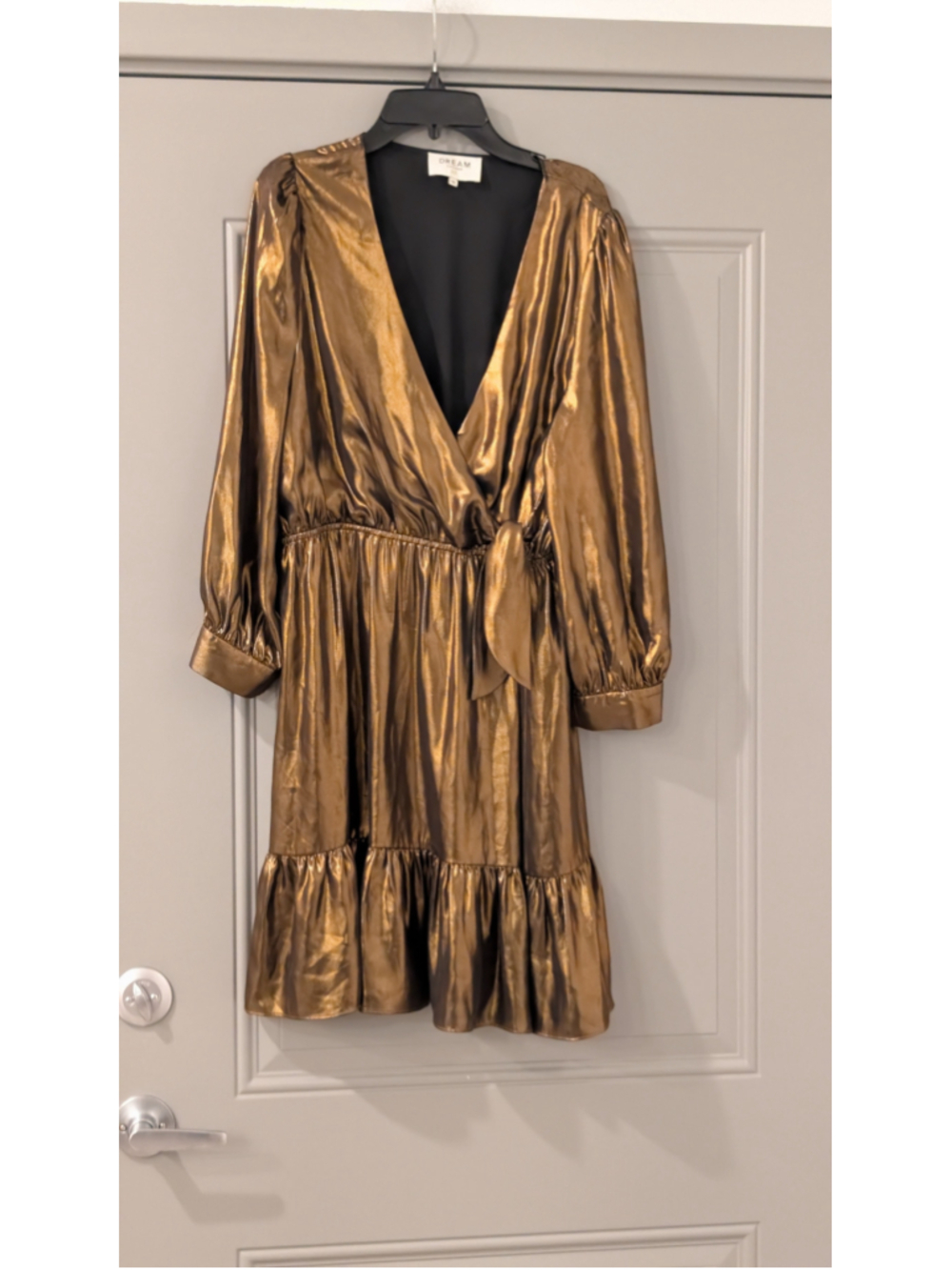 Women's Dream Catcher Gold Metallic Wrap Mini Dress Size 8